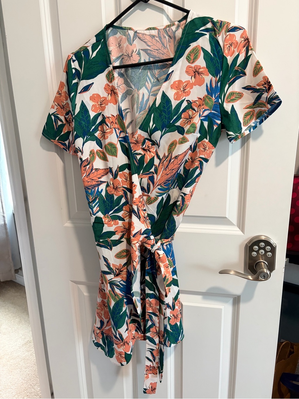 Floral Wrap Dress in White with Green & Coral Print